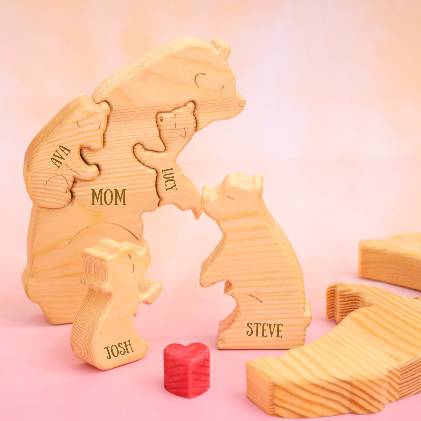 Personalized Bear Family Puzzle Custom Wooden Animal Figurines Thoughtful Heart-warming