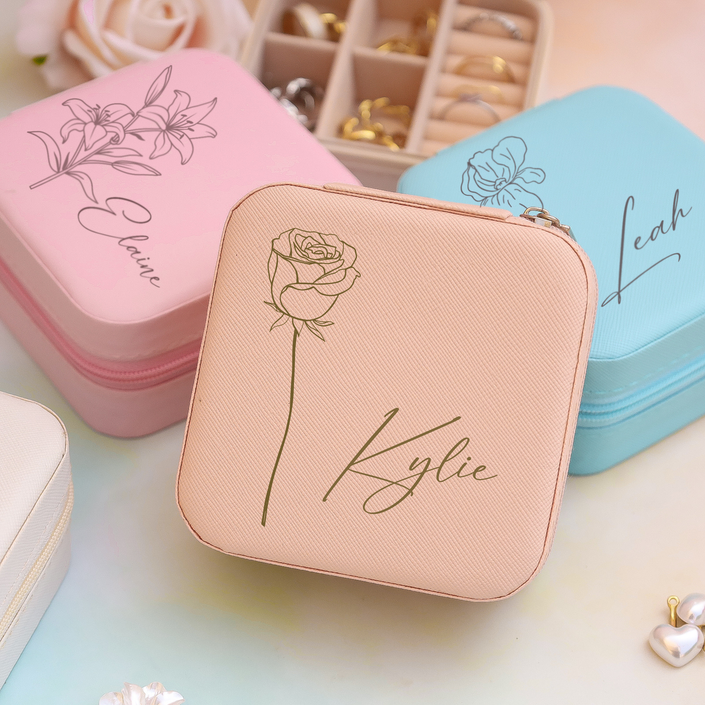 Personalized Travel Jewelry Box - Birth Flower Jewelry Case