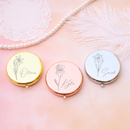 Personalized Compact Mirror - Birthday Birth Flower Pocket Mirror